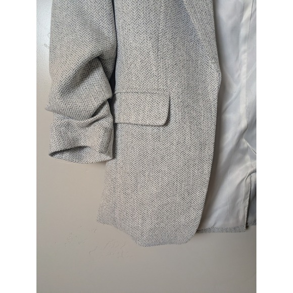 H&M Women's Size XS Tweed Herringbone Blazer Jacket Light Gray Ruched Sleeve - Picture 2 of 9